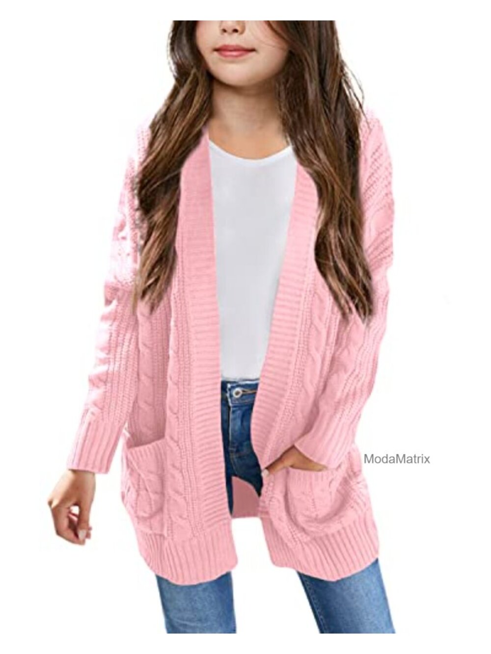 Girls Cable Knit Cardigan Open Front Oversized Sweater with Pockets